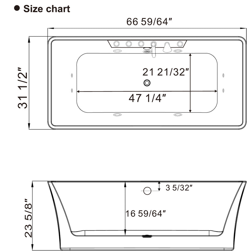 Empava 67"  Freestanding Rectangle Whirlpool Bathtub, EMPV-67AIS16